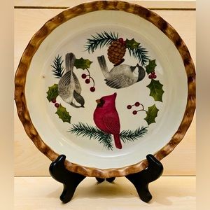 Sonoma Knollwood Deep Pie Dish - 10" Vintage Ceramic Christmas Cardinals Birds